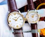 Buy Online Replica Longines White Face Brown Leather Strap Lovers Watch 